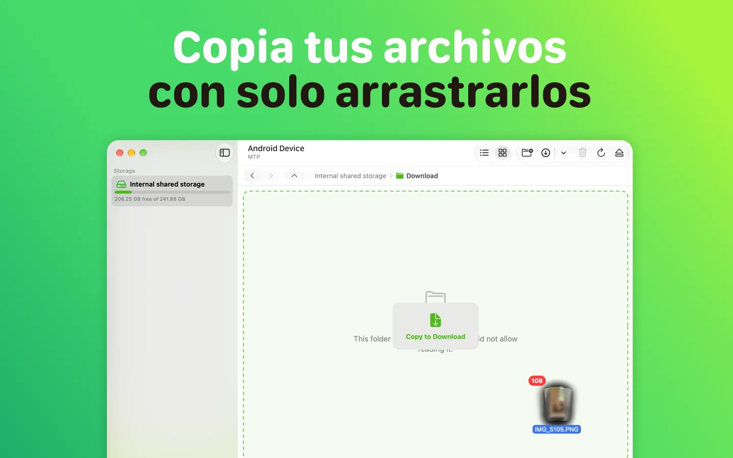 Copiando archivos de un teléfono Android a una Mac arrastrando y soltando